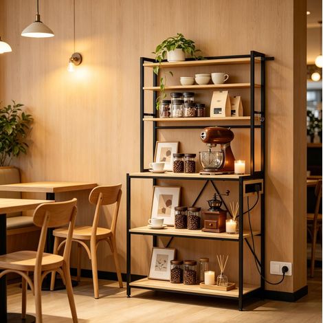 Scaffale da cucina 80x40x167 cm, con 3 prese e 6 ripiani aperti, 6 ganci, metallo e legno, rovere chiaro (1/5)