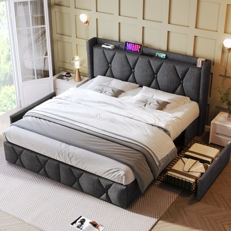 Cama doble tapizada moderna de lino gris 160x200 cm con cabecero, USB/enchufes, 4 cajones y somier de láminas