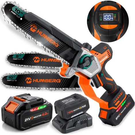 Cordless Chainsaw 21V 4Ah, 10" & 8" Guide Bars, Kit