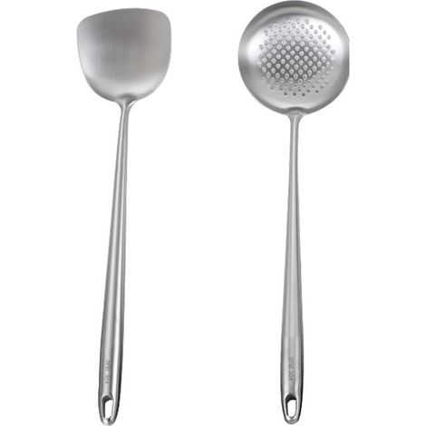 Wok - Set Ustensiles Cuisine Acier Inoxydable - Résistant à la Chaleur - Pour Wok en Fonte ou Acier au Carbone - 4 Pièces (1/5)