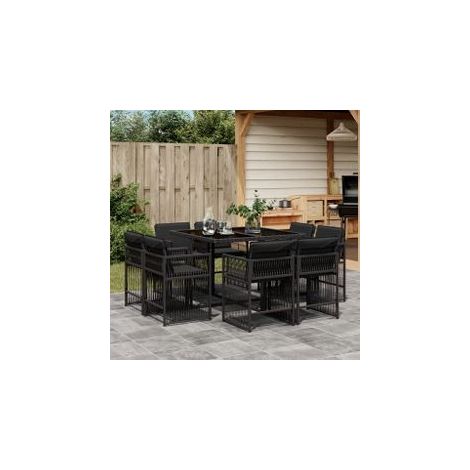 Ensemble à manger de jardin 9pcs coussins noir résine tressée (1/5)