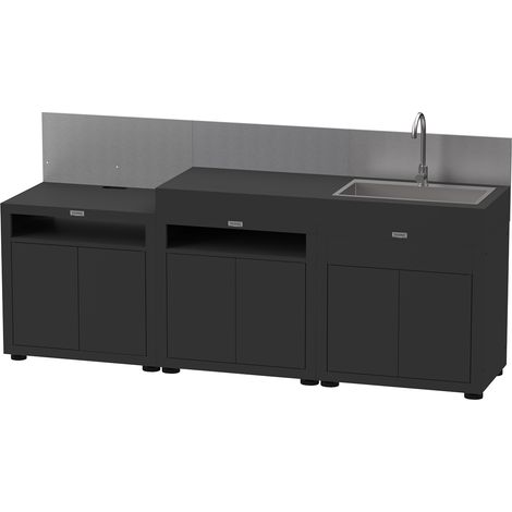 Le Marquier – Cuisine d'été 3 éléments en acier époxy noir – Module cuisson avec plancha – Module évier avec mitigeur – Dimensions 240 x 56 x 128 cm