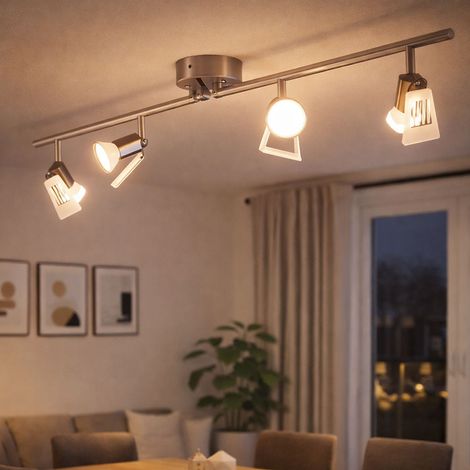 Deckenleuchte Deckenlampe Wohnzimmerlampe Nickel matt Glas satiniert Spotleiste, 4x GU10 Länge 71 cm (1/4)