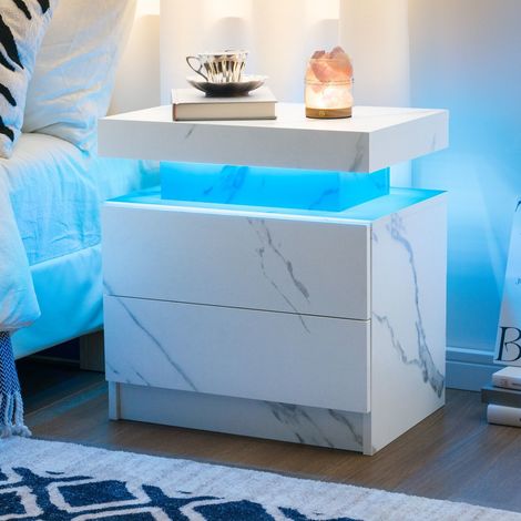 Cubehom Table de Chevet avec 2 tiroirs et 16 Couleurs LED, 2 tiroirs Table de Chevet pour Salon, Chambre à Coucher,Blanc gris (1/5)