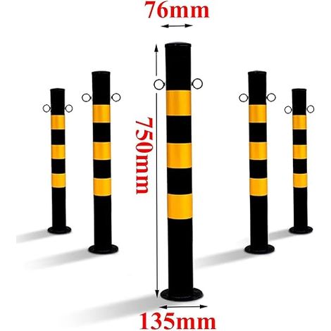 Poteau de Signalisation en Metal -Noir Jaune, Ø76mm, H750 mm Poteau de Délimitation 2 œillets en acier, Pied, vis de fixation (1/4)