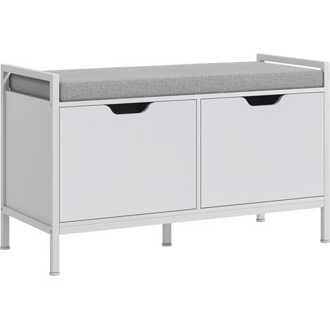 Panca Scarpiera 2 Armadietti con Cuscino 84x35x50 cm in Tessuto Effetto Lino e Legno Bianco (1/5)