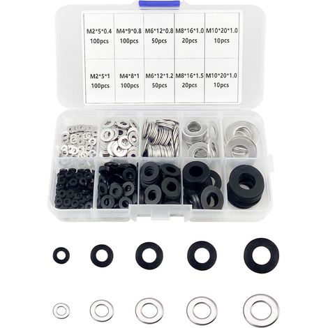 Lot de 560 rondelles plates en nylon noir, rondelles d'espacement rondes en acier inoxydable M2, M4, M6, M8, M10 pour mécanique, réparation domestique, industrie, charnière de porte (1/5)