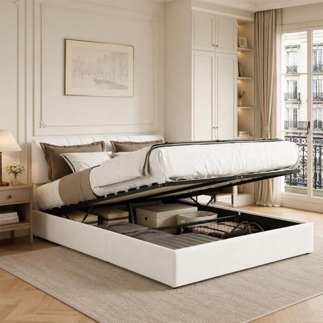 Lit coffre 140x190 cm, Lit double avec rangement hydraulique, Tête de lit réglable avec ports de charge USB Type-C, sommier à lattes, Blanc (1/5)