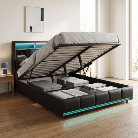 Letto matrimoniale 140x200 cm contenitore con LED, porte USB, rete e testiera contenitore, stile moderno, nero (1/5)