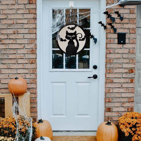 Wanddekoration aus Holz mit Kätzchenmotiv für die Haustür, ideal für eine Halloween-Party zu Hause oder im Freien. (1/5)