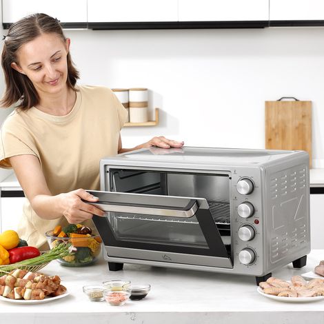 Silberner 32L Mini Backofen / Pizzaofen aus STEEL mit Temperaturbereich 100–230 °C, 1600W, drei Kochmodi, Timer sowie Zubehör Backblech, Krümelblech, Grillrost und Griff (1/4)
