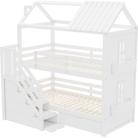 Litera infantil 90 x 200 cm con escalera de almacenaje, cajones y estantes, blanco, pino y MDF (1/5)