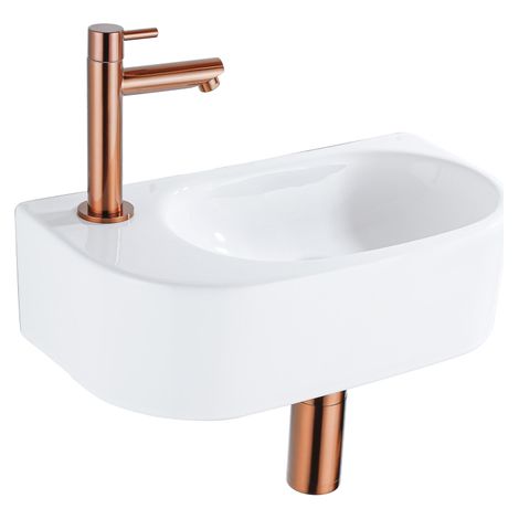 QeramiQ Fuente Ensemble lave-mains - 40x21,5x12cm - gauche - lisse - semi-circulaire - 1 trou de robinet - céramique - robinet de lave-mains cuivre (1/5)