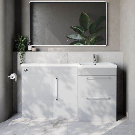 Napoli 390 Gloss Grey Pearl 1500mm 2 Drawer Vanity Unit Toilet Suite with Right Hand Square Lucia Basin - 1500mm - Chrome 320mm HandleWithout Kingston Toilet Pan