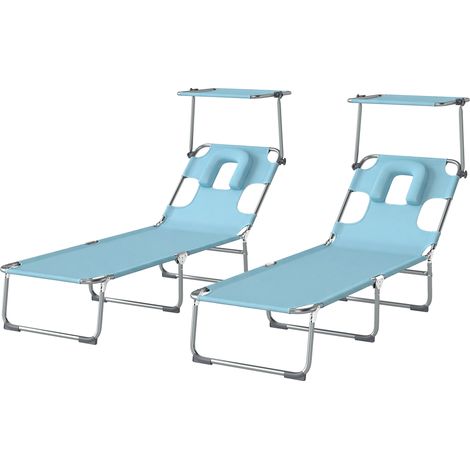 Ensemble de 2 chaises longues pliantes et inclinables avec auvent à 360°, ouverture pour le visage, poche latérale et tissu Textilène 550 g/m², bleu