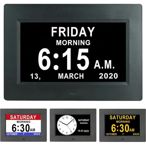 Orologio digitale LCD da 12 pollici con calendario, data, giorno e ora, orologio non abbreviato, oscuramento automatico, 8 lingue, display HD, promemoria per Alzheimer, anziani e bambini (nero)