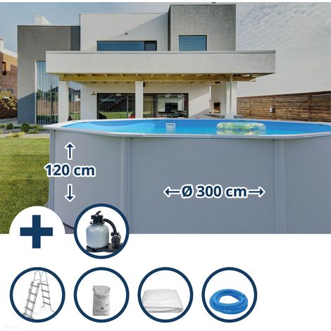 Stahlwandpool Set (6-teilig) hoch rund 300 x 120 cm, Stahl 0,4 mm weiß Folie 0,3 mm blau (1/5)