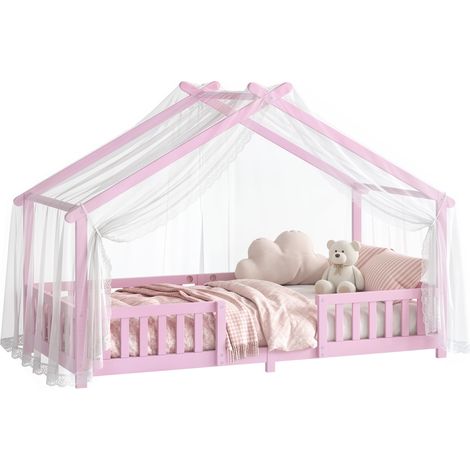 AIYAPLAY Wooden Kids Single House Bed Frame with Dual Guardrails, Pink (1/5)