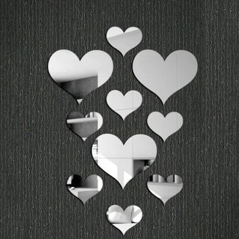 Lot 10 autocollants muraux miroir en forme de coeur 3D, décoration murale DIY, art mural adhésif. (1/4)