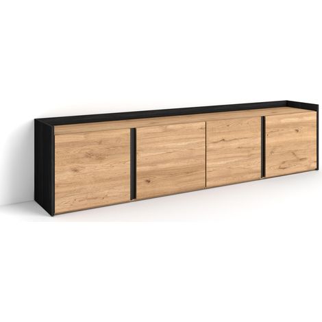 Skraut Home - Meuble TV, Banc Télé, Grand espace de Rangement, 207x35x50 cm, Pour les TV jusqu'à 80", Meubles de salon, Style moderne, Chêne et noir (1/5)