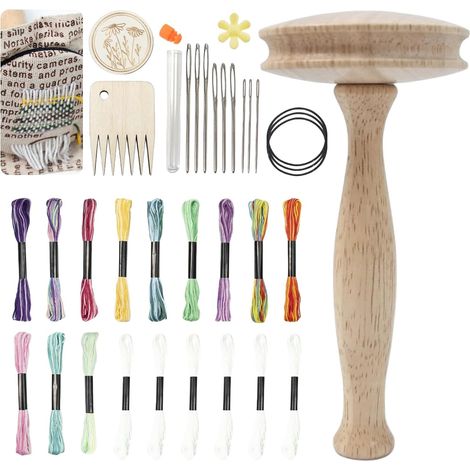 Outil à repriser en bois en forme de champignon, comprenant du fil à coudre, des aiguilles et des accessoires de couture pratiques  kit de repriser pour réparer rapidement les chaussettes. (1/5)