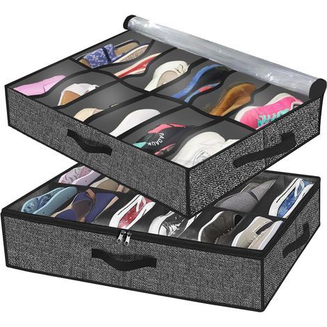 2 Pack Shoe Storage Bag with Clear Window - Shoe Organizer for Storage 12 Compartments Underbed Storage Box, Black Linen Fabric (1/5)