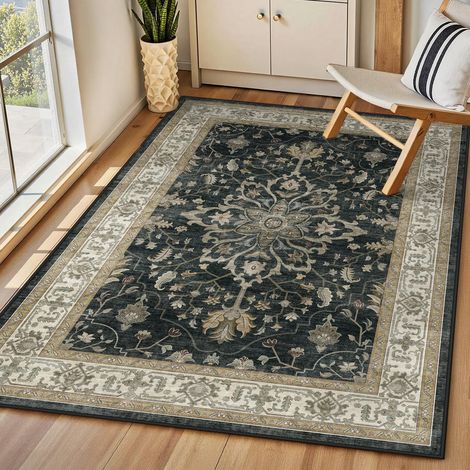 Vintage Tapis de Salon 90x150 cm Lavable Noir/Beige Tapis Salon, Tapis Chambre, Lavable en Machine, Vintage, Boho, Rétro, Antidérapant, Cuisine, Salle à Manger, Douce, OEKO (1/5)