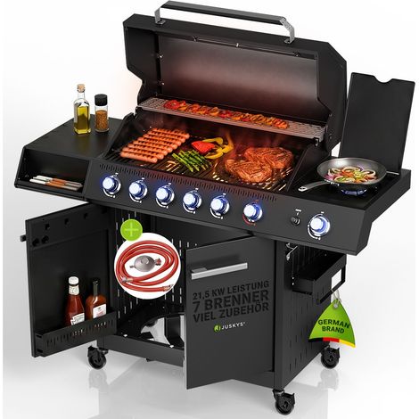 JUSKYS® Gasgrill Tennessee 6+1 – Grillwagen mit 6 Edelstahlbrennern, Seitenkocher, Gusseisenrosten, Glasdeckel mit Thermometer, LED-Knöpfen & Abdeckung