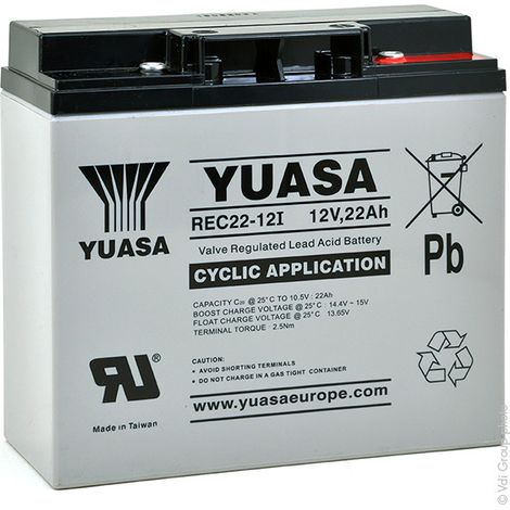 Yuasa – Batterie plomb AGM 12V 22Ah – Étanche pour onduleur et systèmes d'alarme – Dimensions 181x76,2x167mm – Poids 6,2kg - REC22-12I