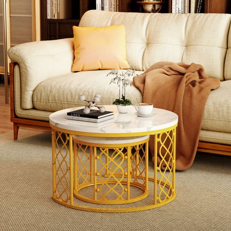 Nesting Tische MDF Marmoroptik Weiß, Metallgestell, 2er-Set Couchtische 70 cm, platzsparend
