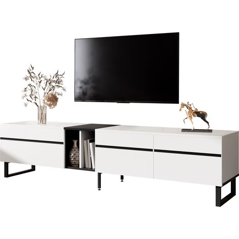 Meuble TV bas 180 cm blanc compartiment pliant grand rangement salon. espaces ouverts et doubles portes (1/5)