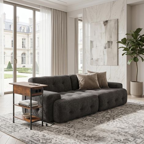 FurnitureR Wohnzimmer Set 2 Sitzer Sofa 224 cm mit Beistelltisch mit Steckdose gepolstertes Stoffsofa mit Aufbewahrung und Ladefunktion modernes Möbel Set Grau Holzoptik