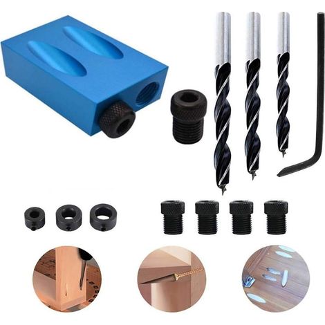 Taschenlochbohrlehre, 15-Grad-Dübelbohrer-Set, Holzbearbeitungsführungen, Winkelwerkzeug mit Adapter für 6/8/10-mm-Löcher (14-teiliges Set) (1/5)