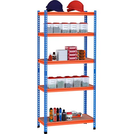Scaffalatura metallica a 5 ripiani per garage, portata 1500 kg, 80 x 40 x 182 cm, blu e arancione.