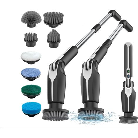 Brosse Électrique Nettoyage, 2026 Brosse Nettoyage sans Fil avec 8 Brosses Remplaçables, Télécommande, 2 Vitesses de Rotation et Longueur Réglable 38-132CM pour Salle de Bain/Cusine/Voiture