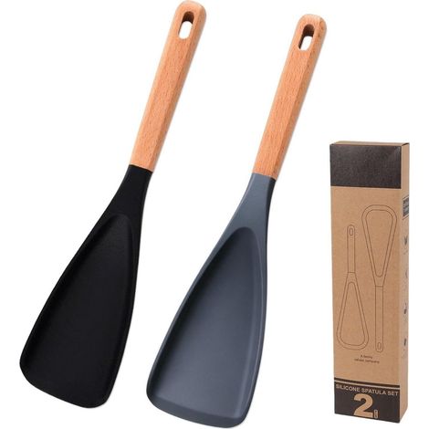 Silikon Kochlöffel Set 2 Stück, Hitzebeständig, BPA-frei, Holzgriff