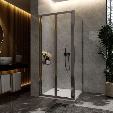 900 x 900mm Bi Fold Shower Enclosure with Side Panel Chrome Frame,Reversible Bathroom Folding Cubicle (1/5)