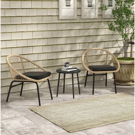 Set da giardino in rattan 2 posti giallo con cuscini e tavolino rotondo, struttura in acciaio (1/4)