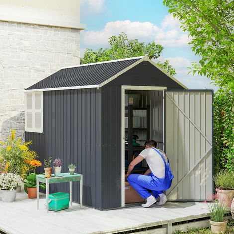 Porte-outils pour abri de jardin en acier galvanisé et PP - 259x171x222 abri extérieur avec 4 bouches d’aération et fenêtre - gris et blanc