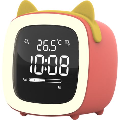 Réveil TV mignon avec animaux de compagnie, réveil multifonction, affichage LED de la température, veilleuse, lampe de chevet LED à motif dessin animé, lampe de bureau rechargeable. (1/5)