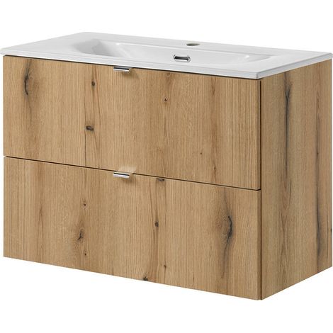 Mobiletto Sottolavabo NEWPORT a 2 Cassetti con Lavabo 80x57x39 cm - Effetto Rovere [en.casa]