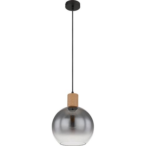 Pendelleuchte Esstisch Holz Esstischlampe Industrial Esszimmerlampe Hängeleuchte, Metall Glas rauch, 1x E27 Fassung, DxH 25x120 cm