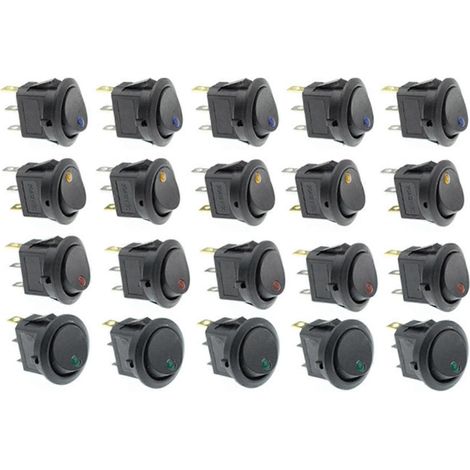 20 Stück runde LED-Kippschalter, Ein/Aus-Schalter, blau, grün, gelb, rot
