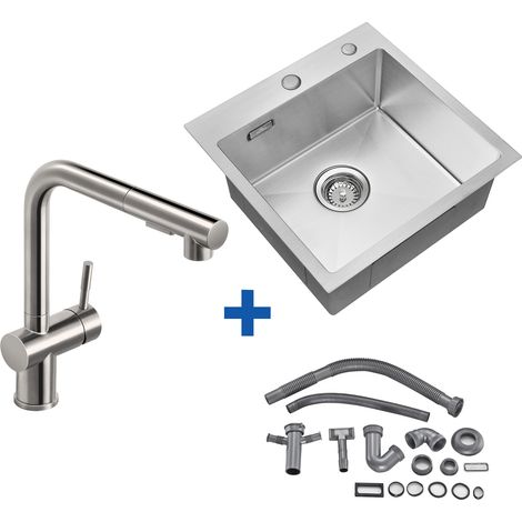 Edelstahl Küchenspüle + Hochdruck Ausziehbare Küchenarmatur, Einbau Spülbecken für ab 50 cm Küchenschrank (1/5)