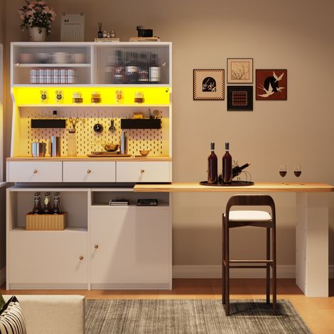 Aparador alto 137x45x178 cm, estantes de almacenamiento, mesa extensible, 2 puertas y 3 cajones, en MDF, blanco (1/5)