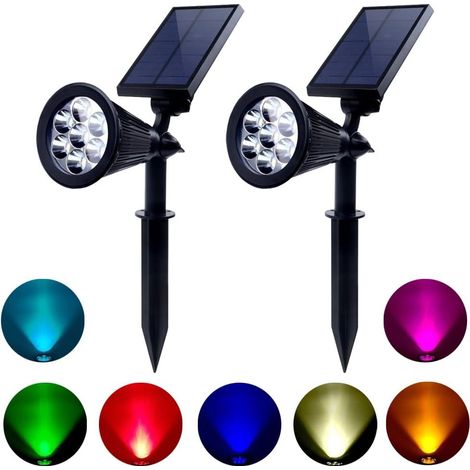 Lot de 2 projecteurs solaires extérieurs à 7 LED multicolores – Étanche – pour jardin, terrasse et pelouse (1/4)