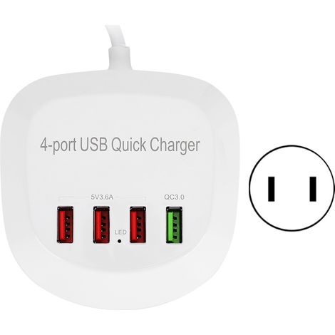 Chargeur USB portable 4 ports QC3.0 36W, entrée AC100-240V, sortie 5V/9V/12V 2.4A, 3 ports USB 5V et 1 port voyage, chargeur multi-prises. (1/5)