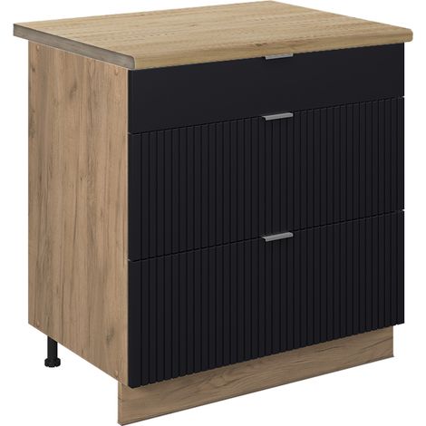 Mobiletto base per cucina Fame-Line, Nero rigato, 80 cm con 3 cassetti, PL Rovere, Vicco