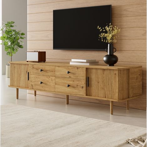 Mueble TV bajo 165 cm de MDF con 4 cajones y 2 puertas correderas, gran almacenamiento, acabado madera (1/5)