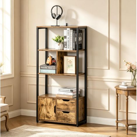 Étagère 58x24x122 cm en bois et métal noir, bois vieilli, avec rangement pour salon FloraGrace (1/5)